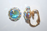 12MM Gold Clip On Earrings With A.B. Crystals Around An Austrian Rivoli Crystal - 26 Colors Available