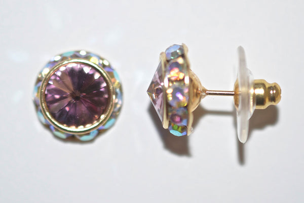 12MM Gold Earrings With A.B. Crystals Around An Austrian Rivoli Crystal - Gold Plated Posts - 26 Colors Available