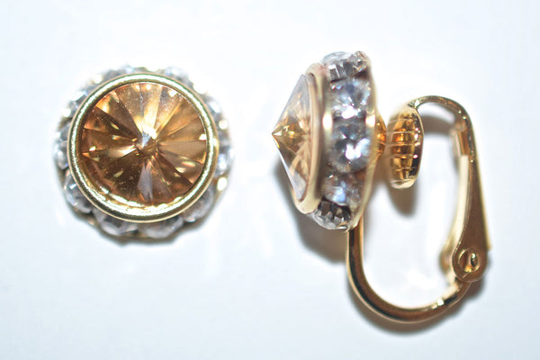 12MM Gold Clip On Earrings With Clear Crystals Around An Austrian Rivoli Crystal - 26 Colors Available