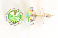 12MM Silver Earrings With A.B. Crystals Around An Austrian Rivoli Crystal - Silver Plated Posts - 26 Colors Available