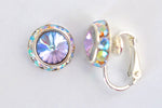 12MM Silver Clip On Earrings With A.B. Crystals Around An Austrian Rivoli Crystal - 26 Colors Available