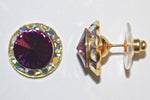 15MM Gold Earrings With A.B. Crystals Around An Austrian Rivoli Crystal - Gold Plated Posts - 30 Colors Available