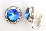 15MM Silver Clip On Earrings With Clear Crystals Around An Austrian Rivoli Crystal - 30 Colors Available