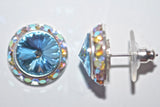 15MM Silver Earrings With A.B. Crystals Around An Austrian Rivoli Crystal - Posts Are Silver Plated - 30 Colors Available