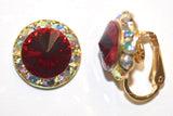 15MM Gold Clip On Earrings With A.B. Crystals Around An Austrian Rivoli Crystal - 30 Colors Available