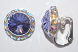 15MM Silver Clip On Earrings With A.B. Crystals Around An Austrian Rivoli Crystal - 30 Colors Available