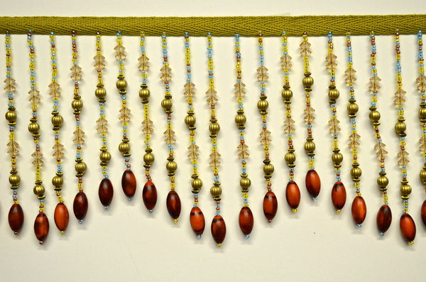 5 1/2" Antique Gold/Brown Beaded Fringe With Wooden Beads