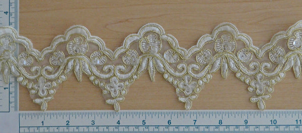 3 3/4" Beaded Scalloped Bridal Lace - Ivory/Gold