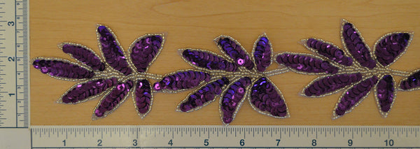 2 1/2" Beaded Leaf Trim With Sequin - Purple & Silver