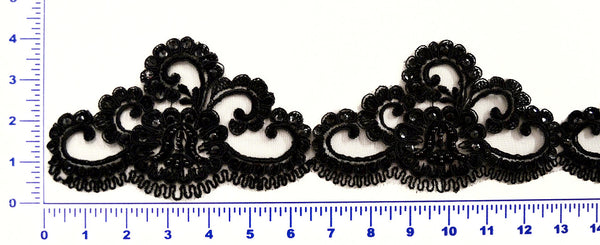 Black  Beaded Lace Trim With Sequins & Beads