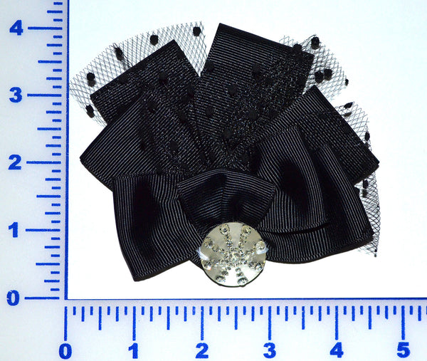 4" Grosgrain Bow With Dot Net And Acrylic Stone - Black