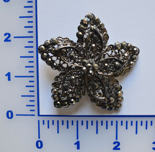 Black Flower Brooch With Jet Hemitite Rhinestones