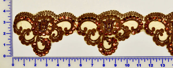 Brown Beaded Lace Trim With Sequins & Beads
