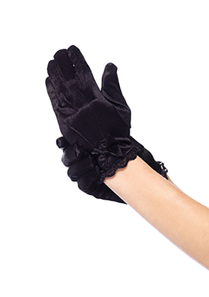 Childrens Lace Trimmed Satin Wrist Gloves With Bow - 2 Colors Available - 3 Sizes Available