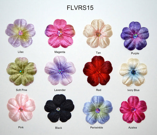 1 1/2" Velvet Flower With Acrylic Rhinestone Center - 12 Colors Available - Packs of 12