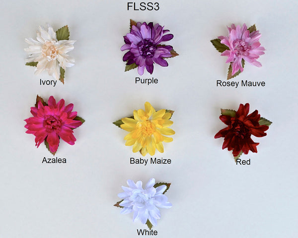 3" Shiny Satin Flower With Leaves - 7 Colors Available - Packs of 12