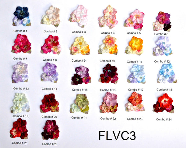 3" Velvet Flower Cluster w/Leaves & Beaded Center - 24 Colors Available - Individual or 6 Packs