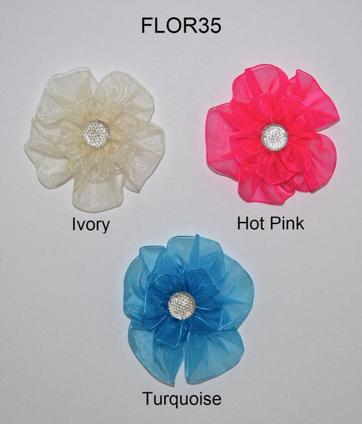 3 1/2" Organza Flower With Acrylic Rhinestone Center - 3 Colors Available - Individual or 6 Packs