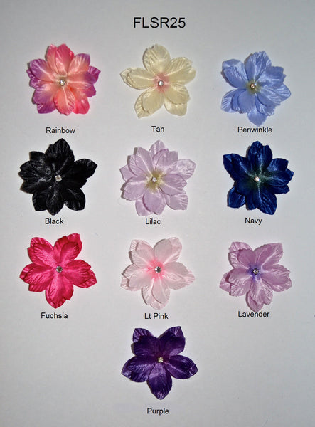 2 1/2" Satin Flower With Rhinestone Center - 10 Colors Available - Packs of 12