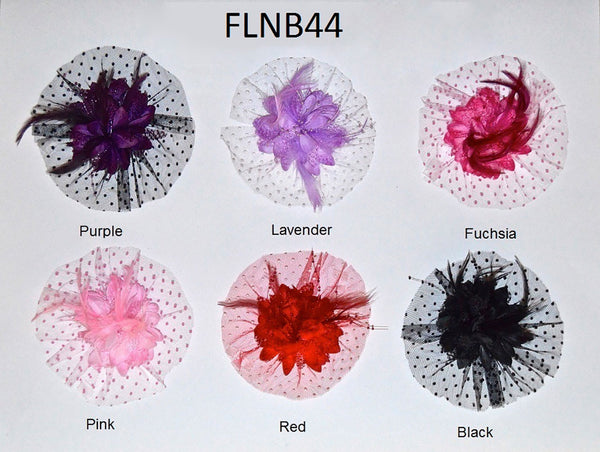 4" Taffeta Flower With Feathers, Netting And Beads - 6 Colors Available - Individual or 6 Pack