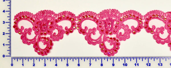 Fuchsia Beaded Lace Trim With Sequins & Beads