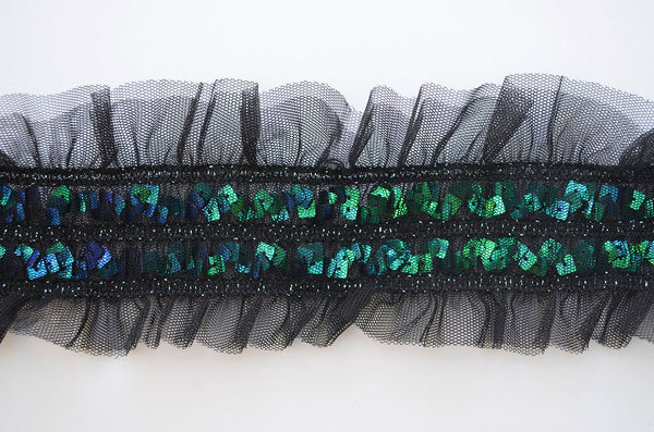 3" Black Gather Stretch Mesh With Incased Blue And Green Sequins