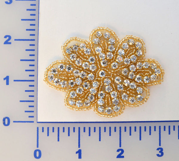 Gold Rhinestone Flower Appliqué With Hot Fix Backing