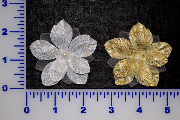 2 1/2" Metallic Flower With 6mm Pearl Bead - 2 Colors - Pack of 12