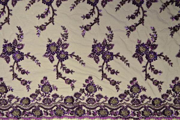 Purple Mesh With Embroidery Sequins & Beads - Border On Both Edges