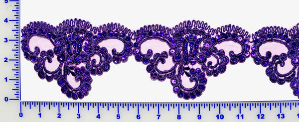Purple Beaded Lace Trim With Sequins & Beads