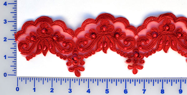 Red Beaded Scalloped Bridal Lace