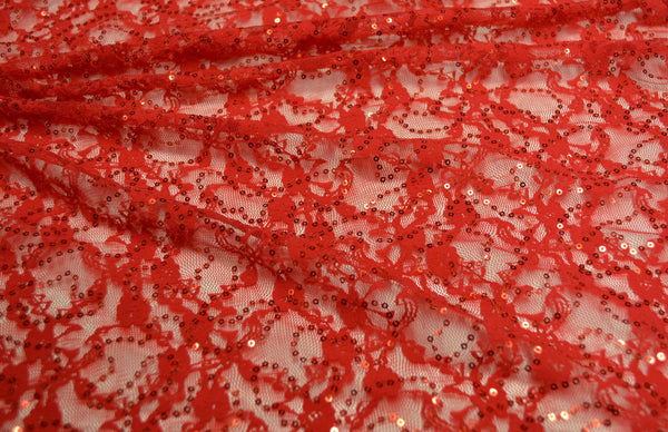 Red w/ Red Sequins 4-Way Stretch Lace