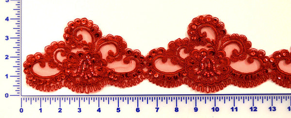 Red Beaded Lace Trim With Sequins & Beads