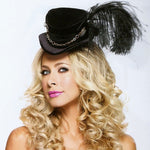 Steampunk Black Velvet Hat w/Chain and Feather Accent