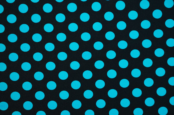 Turquoise Polka Dots On Black Shiny Nylon Spandex