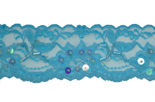 Turquoise 2" Stretch Lace w/Sequins & Beads