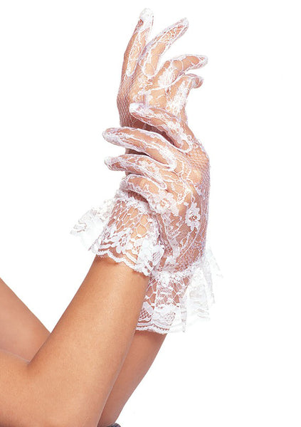 White Wrist Length Gloves With Ruffle