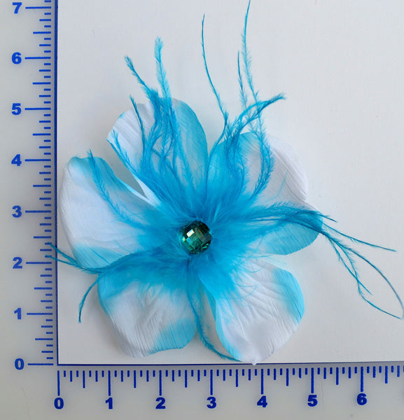 5" Turquoise And White Flower With Feathers And Acrylic Rhinestone Center - Individual or 6 Pack