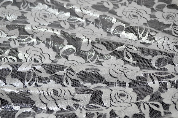 Silver Foil on White Stretch Lace